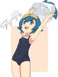 Rule 34 | 1girl, armpits, arms up, black one-piece swimsuit, blouse, blue eyes, blue hair, blue one-piece swimsuit, blush, breasts, bright pupils, covered navel, cowboy shot, creatures (company), eyewear on head, female focus, game freak, goggles, hair between eyes, highres, lana (pokemon), legs together, looking at viewer, matching hair/eyes, nintendo, nyonn24, one-piece swimsuit, open mouth, pokemon, pokemon (anime), pokemon sm (anime), sailor collar, shirt, unworn shirt, short hair, simple background, sleeveless, sleeveless shirt, small breasts, smile, solo, standing, swimsuit, teeth, text focus, translation request, two-tone background, undressing, white background, white shirt, yellow-framed eyewear