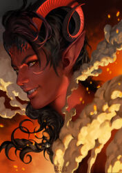 Rule 34 | &gt;:), 1girl, artist name, baldur&#039;s gate, baldur&#039;s gate 3, black hair, broken horn, colored skin, commentary, curled horns, curly hair, demon girl, demon horns, dungeons &amp; dragons, english commentary, erion makuo, fangs, from side, grin, horns, karlach, looking at viewer, medium hair, pointy ears, portrait, realistic, red background, red skin, scar, scar on face, scar on nose, slit pupils, smile, smoke, solo, tiefling, v-shaped eyebrows, yellow eyes