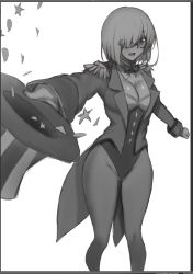 Rule 34 | 1girl, akatsuki ikki, bare legs, breasts, eyebrows hidden by hair, fate/grand order, fate (series), glasses, greyscale, hair over one eye, hat, holding, holding clothes, holding hat, jacket, looking at viewer, mash kyrielight, mash kyrielight (welcome to the travelling circus!), monochrome, official alternate costume, open mouth, ribbon, short hair, simple background, smile, solo, uniform, unworn hat, unworn headwear, white background