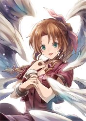 Rule 34 | 1girl, :d, aerith gainsborough, angel wings, aqua eyes, braid, brown hair, buttons, cropped jacket, dress, feathered wings, final fantasy, final fantasy vii, hair intakes, hair ribbon, jacket, long hair, looking at viewer, multiple wings, open clothes, open jacket, open mouth, pink dress, pink ribbon, red jacket, ribbon, sasanomesi, short sleeves, simple background, single braid, smile, solo, square enix, upper body, white background, white wings, wings