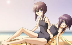 Rule 34 | beach chair, black hair, breasts, conjoined, crackspider, one-piece swimsuit, short hair, small breasts, smile, swimsuit
