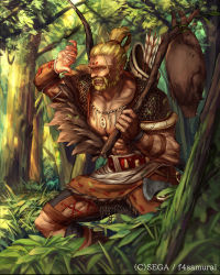 Rule 34 | 1boy, armor, arrow (projectile), axe, beard, blonde hair, boar, bow (weapon), chainmail, company name, day, facepaint, facial hair, forest, hatchet, hatchet (axe), high ponytail, highres, hortensia saga, jewelry, male focus, muscular, mustache, nature, necklace, official art, outdoors, quiver, ribbon-trimmed clothes, ribbon trim, shading eyes, shita to hidari, solo, standing, watermark, weapon
