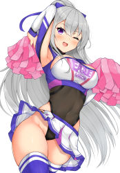 Rule 34 | 1girl, ;d, arm up, armpits, azur lane, blue ribbon, blue thighhighs, blush, breasts, casablanca (azur lane), casablanca (cheer squad on break) (azur lane), cheerleader, clothes writing, commentary request, covered navel, cowboy shot, daichi (tokoya), groin, hair between eyes, hair ribbon, highres, holding, holding pom poms, large breasts, leotard, leotard under clothes, long hair, long sleeves, looking at viewer, miniskirt, one eye closed, open mouth, pleated skirt, pom pom (cheerleading), pom poms, purple eyes, ribbon, silver hair, simple background, skindentation, skirt, smile, solo, standing, thighhighs, thighs, very long hair, white background, white skirt