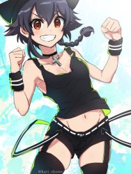 Rule 34 | 10s, 1girl, belt, black choker, black hair, black hat, black shirt, black shorts, black wristband, braid, breasts, brown eyes, choker, cleavage, clenched hands, commentary, cowboy shot, cross, cross choker, garter straps, girls und panzer, green background, grin, hat, kari okome, looking at viewer, medium breasts, midriff, navel, one-hour drawing challenge, pepperoni (girls und panzer), revision, shirt, short hair, short shorts, shorts, side braid, skindentation, smile, solo, standing, sweat, tank top, thighhighs, v-shaped eyebrows, w arms, white belt, wristband