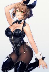 Rule 34 | 1girl, animal ears, black footwear, black leotard, black pantyhose, blush, boots, breasts, brown hair, cleavage, closed mouth, detached collar, fake animal ears, fake tail, full body, green eyes, hair between eyes, highres, kantai collection, kasumi (skchkko), large breasts, leotard, mutsu (kancolle), pantyhose, playboy bunny, rabbit ears, rabbit tail, shiny clothes, short hair, solo, strapless, strapless leotard, tail, thigh boots, wrist cuffs, zipper