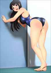 Rule 34 | 1girl, absurdres, against wall, akiyama mio, ass, bare shoulders, barefoot, bent over, black eyes, black hair, blush, breasts, door, feet, from behind, full body, gradient background, highres, huge ass, k-on!, legs, long hair, looking back, open mouth, shiny skin, soles, solo, standing, swimsuit, thighs, toes, yadokari genpachirou