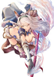 Rule 34 | 10s, 1girl, animal ears, armor, armored dress, ass, backless outfit, bent over, braid, breasts, butt crack, cat ears, cat girl, cleavage, closed mouth, dress, erune, female focus, full body, gloves, granblue fantasy, hair between eyes, hair tubes, hairband, heles, highres, holding, holding weapon, large breasts, long hair, pip (red juice1869), polearm, short dress, shoulder pads, silver hair, simple background, single braid, solo, spear, thighhighs, very long hair, weapon, white background, white dress, yellow eyes