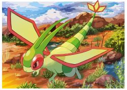 Rule 34 | animal focus, antennae, bare tree, blue sky, border, bush, claws, cloud, colored skin, commentary request, creatures (company), flygon, flying, game freak, gen 3 pokemon, grass, green skin, hazikamiio, highres, nintendo, no humans, outdoors, outside border, pokemon, pokemon (creature), rock, sky, tail, tree, white border, wings