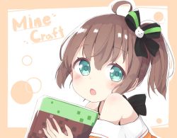 Rule 34 | 1girl, ahoge, blush, brown hair, commentary request, cube, hair ribbon, holding, hololive, looking at viewer, minecraft, natsuiro matsuri, natsuiro matsuri (1st costume), okota mikan, open mouth, portrait, ribbon, short hair, side ponytail, solo, virtual youtuber