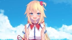 Rule 34 | 1girl, :d, akai haato, akai haato (1st costume), blonde hair, blue eyes, blue sky, blush, breasts, clapping, cloud, collared shirt, dress shirt, hair ornament, hands up, heart, heart hair ornament, heart in eye, highres, hololive, long hair, looking at viewer, medium breasts, meme, neon genesis evangelion, omedetou! (meme), one side up, open mouth, parody, shirt, short sleeves, sky, smile, solo, symbol in eye, upper body, very long hair, virtual youtuber, white shirt, yoshiheihe