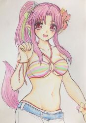 Rule 34 | 1girl, :d, belt, bikini, bikini top only, breasts, collarbone, flower, hair flower, hair ornament, hair ribbon, higemaccho, highres, long hair, looking at viewer, medium breasts, millie chliette, navel, open mouth, pink eyes, pink hair, pointy ears, ponytail, ribbon, simple background, smile, solo, star ocean, star ocean first departure, striped bikini, striped clothes, swimsuit, white background