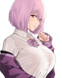 Rule 34 | 1girl, blush, bow, breasts, collared shirt, gridman universe, highres, j@ck, jacket, large breasts, light purple hair, long sleeves, looking at viewer, off-shoulder shirt, off shoulder, purple bow, purple jacket, purple neckwear, shinjou akane, shirt, short hair, simple background, smile, solo, ssss.gridman, white background, white shirt