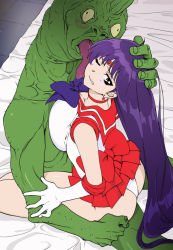 Rule 34 | 1boy, 1girl, bed, bishoujo senshi sailor moon, blush, bow, breast press, circlet, clothed female nude male, colored skin, earrings, elbow gloves, gloves, goblin, goblin male, green skin, hajisarashi, hand on another&#039;s head, hino rei, interspecies, jewelry, licking, long hair, looking at viewer, magical girl, microskirt, monster sex, nude, on bed, on lap, one eye closed, panties, pleated skirt, purple hair, red bow, red skirt, sailor collar, sailor mars, shirt, sitting, skirt, sleeveless, sleeveless shirt, star (symbol), star earrings, underwear, very long hair, white gloves, white panties, wonderful (artist)