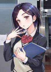 Rule 34 | 1girl, black hair, black jacket, blazer, book, bow, bowtie, brown eyes, collared shirt, commentary request, hair ornament, hairclip, highres, holding, holding book, indoors, jacket, kanden sky, long sleeves, looking at viewer, open clothes, open jacket, original, parted lips, red bow, red bowtie, shirt, short hair, solo, sweater vest, white shirt, yellow sweater vest