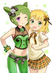Rule 34 | 2girls, ;), black bow, blonde hair, blunt bangs, blush, bow, breasts, collared shirt, commentary request, cone hair bun, cowboy shot, crossover, double bun, fang, fang out, flower, gochuumon wa usagi desu ka?, green eyes, green hair, green pants, green shirt, hair bow, hair bun, hair flower, hair ornament, hair ribbon, hand on another&#039;s shoulder, hand on own hip, hand to own mouth, kirima syaro, looking at viewer, midriff, morizono wakana, multiple girls, navel, neck ribbon, one eye closed, open mouth, pants, plaid, plaid skirt, pretty rhythm, pretty rhythm rainbow live, pretty series, purple eyes, ribbon, rose, school uniform, see-through, shirt, short hair, short sleeves, skirt, sleeveless, sleeveless shirt, small breasts, smile, standing, star (symbol), striped bow, striped ribbon, sweatdrop, sweater, sweater vest, uchida maaya, ug (nekonekodou), voice actor connection, wavy mouth, white background, white shirt, yellow sweater