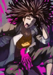 Rule 34 | 1boy, black jacket, black pants, blood, blood on clothes, blood splatter, bracelet, brown eyes, brown hair, capri pants, collared shirt, danganronpa: trigger happy havoc, danganronpa (series), dreadlocks, facial hair, feet out of frame, grey background, hagakure yasuhiro, hand in own hair, hand on own head, highres, jacket, jacket on shoulders, jewelry, knee up, knife, long hair, looking at viewer, male focus, one eye closed, open clothes, open mouth, open shirt, pants, parted bangs, pink blood, ringed eyes, sandals, shirt, shirt under shirt, sitting, sleeves rolled up, solo, stab, stubble, tearing up, teeth, teria (teriarian), v-shaped eyebrows, white shirt, yawning, yellow shirt