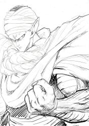 Rule 34 | 1boy, cape, clenched hand, commentary request, dragon ball, dragonball z, fighting stance, frown, greyscale, highres, looking at viewer, male focus, monochrome, murata yuusuke, piccolo, pointy ears, serious, simple background, solo, turban, upper body, veins, white background
