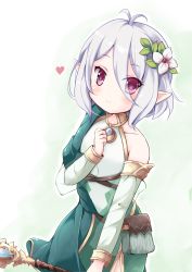 Rule 34 | 1girl, antenna hair, bare shoulders, belt pouch, blush, collared dress, commentary request, detached sleeves, dress, flower, green dress, hair between eyes, hair flower, hair ornament, heart, highres, holding, holding wand, kazura, kokkoro (princess connect!), looking at viewer, pointy ears, pouch, princess connect!, red eyes, see-through, see-through sleeves, short hair, silver hair, simple background, smile, solo, split mouth, wand, white background