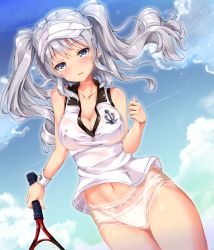 Rule 34 | 10s, 1girl, alternate costume, bare shoulders, breasts, cleavage, cloud, cloudy sky, collarbone, covered erect nipples, day, dutch angle, fukuda shuushi, highres, kantai collection, kashima (kancolle), large breasts, long hair, looking at viewer, no pants, panties, parted lips, racket, shiny skin, shirt, sidelocks, sky, sleeveless, sleeveless shirt, solo, sportswear, tennis racket, tennis uniform, thighs, twintails, underwear, wavy hair, white panties, white shirt