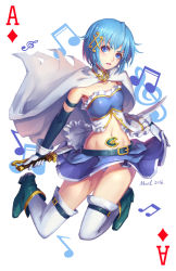 Rule 34 | 2016, ace (playing card), ace of diamonds, blue eyes, blue hair, blush, boots, cape, collarbone, diamond (shape), fortissimo, gloves, hair ornament, high heel boots, high heels, looking at viewer, magical girl, mahou shoujo madoka magica, mahou shoujo madoka magica (anime), miki sayaka, mool yueguang, musical note, musical note hair ornament, open mouth, panties, pantyshot, playing card, short hair, signature, sleeveless, smile, solo, treble clef, underwear, white cape, white gloves