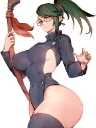 Rule 34 | 1girl, black leotard, black thighhighs, breasts, closed mouth, covered navel, fumio (rsqkr), glasses, green hair, highres, jujutsu kaisen, large breasts, leotard, long sleeves, looking at viewer, ponytail, red-framed eyewear, short hair, simple background, solo, thighhighs, thighs, white background, yellow eyes, zen&#039;in maki