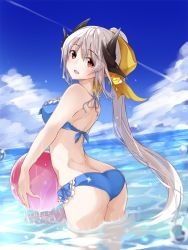 Rule 34 | 1girl, absurdres, ass, ball, beachball, bikini, blue bikini, blue sky, blurry, blush, breasts, cloud, contrail, cowboy shot, day, depth of field, fate/grand order, fate (series), frilled bikini, frills, fuu (fuore), grey hair, hair ornament, hair ribbon, highres, holding, holding ball, horns, kiyohime (fate), kiyohime (fate/grand order), kiyohime (swimsuit lancer) (fate), kiyohime (swimsuit lancer) (third ascension) (fate), lens flare, long hair, looking at viewer, looking back, medium breasts, ocean, open mouth, outdoors, ponytail, red eyes, ribbon, sky, smile, solo, sparkle, standing, swimsuit, very long hair, wading, water, water drop, wet, yellow ribbon