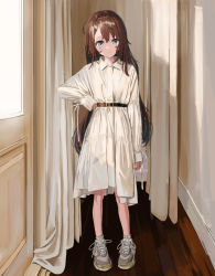 Rule 34 | 1girl, absurdres, bad id, bad twitter id, belt, brown hair, child, curtains, dress, full body, gishiki (gshk), hair ornament, hairclip, hand on own hip, highres, indoors, light smile, long hair, long sleeves, looking at viewer, medium dress, original, shoes, sneakers, solo, standing, very long hair, white dress