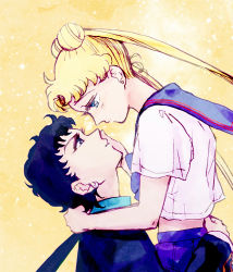 Rule 34 | 1990s (style), 1boy, 1girl, androgynous, bad id, bad pixiv id, bishoujo senshi sailor moon, bishoujo senshi sailor moon sailor stars, black hair, blonde hair, blue sailor collar, from side, hand on another&#039;s face, holding, juuban high school uniform, kou seiya, looking at another, nobu (25mark), ponytail, profile, sailor collar, school uniform, seiya kou, serafuku, tsukino usagi, twintails, yellow background