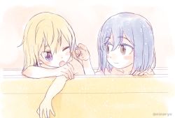 Rule 34 | 2girls, ;o, aged down, bad id, bad pixiv id, bath, bathing, bathtub, blonde hair, blue hair, blush stickers, brown eyes, child, collarbone, eye contact, eyebrows, eyelashes, fingernails, flip flappers, hair between eyes, hand in another&#039;s hair, hand on own shoulder, indoors, kokomine cocona, light smile, looking at another, multiple girls, niina ryou, nude, one eye closed, open mouth, purple eyes, same-sex bathing, shared bathing, short hair, twitter username, watermark, yayaka