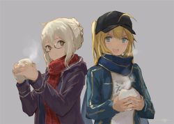 Rule 34 | &gt;:d, 2girls, :d, ahoge, artoria pendragon (all), artoria pendragon (fate), baozi, baseball cap, blonde hair, blue eyes, blue scarf, braid, brown eyes, checkered clothes, checkered scarf, coat, fate/grand order, fate (series), food, grey background, hair between eyes, hat, highres, holding, holding food, jacket, kouzuki kei, long hair, looking at another, looking at viewer, multiple girls, mysterious heroine x (fate), mysterious heroine x alter (fate), mysterious heroine x alter (first ascension) (fate), name tag, open mouth, red scarf, saber (fate), scarf, side-by-side, simple background, smile, teeth, track jacket, upper body, v-shaped eyebrows