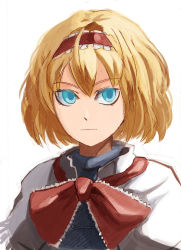 Rule 34 | 1girl, alice margatroid, blonde hair, blue eyes, capelet, expressionless, face, headband, highres, md5 mismatch, ribbon, short hair, simple background, solo, touhou, zarisu