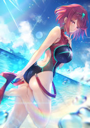 Rule 34 | 1girl, beach, black one-piece swimsuit, breasts, closed mouth, cloud, competition swimsuit, cowboy shot, day, earrings, feet, high heels, highres, inoue takuya (tactactak), jewelry, large breasts, nintendo, ocean, one-piece swimsuit, pyra (pro swimmer) (xenoblade), pyra (xenoblade), red hair, red one-piece swimsuit, red shorts, shoes, short hair, shorts, sky, smile, solo, standing, standing on one leg, sunlight, swept bangs, swimsuit, two-tone swimsuit, unworn shoes, water drop, xenoblade chronicles (series), xenoblade chronicles 2