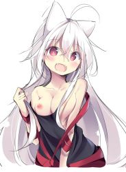 Rule 34 | 1girl, absurdres, ahoge, animal ears, blush, breasts, chiya (urara meirochou), cleavage, collarbone, commentary request, fangs, highres, kyuukon (qkonsan), long hair, looking at viewer, medium breasts, nipples, open mouth, portrait, red eyes, shirt, silver hair, simple background, solo, urara meirochou, white background