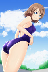 Rule 34 | 10s, 1girl, ass, blue eyes, blue one-piece swimsuit, blush, brown hair, cloud, competition swimsuit, day, looking at viewer, love live!, love live! sunshine!!, nonaka chikin, one-piece swimsuit, short hair, sky, smile, solo, swimsuit, watanabe you, wet