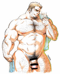 Rule 34 | 1boy, abs, bar censor, bara, censored, colored pencil (medium), completely nude, contrapposto, cowboy shot, cropped legs, facial hair, flaccid, goatee, hairy, hand hair, head tilt, highres, huge pectorals, knuckle hair, looking to the side, male focus, male pubic hair, mature male, muscular, muscular male, navel, navel hair, nipple hair, nipples, nude, original, pubic hair, scan, seductive smile, short hair, sideburns stubble, smile, solo, sparse stubble, standing, stomach, strongman waist, stubble, tama (g-men), thick arm hair, thick chest hair, thick eyebrows, thick leg hair, thick navel hair, thick thighs, thighs, towel, towel around neck, traditional media, tsurime, very hairy