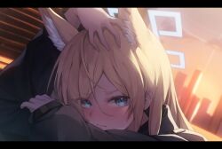 Rule 34 | 1girl, animal ear fluff, animal ears, aoinu (aoinu 99), blonde hair, blue archive, blue eyes, blush, building, closed mouth, commentary request, hair between eyes, halo, highres, kanna (blue archive), letterboxed, long hair, long sleeves, looking at viewer, orange sky, sky, solo, sunset, upper body
