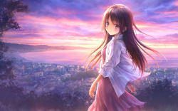 Rule 34 | 1girl, blush, brown eyes, brown hair, dress, dusk, floating hair, goto p, highres, jacket, long hair, long long love song, open clothes, open jacket, outdoors, parted lips, pink dress, solo, very long hair, white jacket