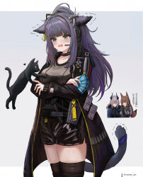 Rule 34 | 3girls, absurdres, animal, animal ear fluff, animal ears, arknights, arms under breasts, black cat, black hair, black jacket, black shorts, breasts, brown thighhighs, cat, cat ears, cat girl, cat tail, collarbone, commentary, cranes (hiroro1), franka (arknights), green eyes, grey background, headphones, headset, heart, high ponytail, highres, holding, horns, jacket, jessica (arknights), liskarm (arknights), long hair, long sleeves, medium breasts, multiple girls, open clothes, open jacket, open mouth, ponytail, puffy long sleeves, puffy sleeves, purple hair, shorts, sleeves past wrists, tail, thighhighs, translated, trembling, twitter username, two-tone background, very long hair, wavy hair, white background