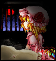 Rule 34 | 1girl, bars, blouse, female focus, flandre scarlet, from side, hat, indoors, moon, niji (nijioki), open clothes, open shirt, shirt, sky, solo, standing, tears, touhou, white hat