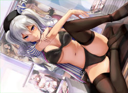 Rule 34 | 10s, 1girl, armadillo-tokage, beret, black bra, black footwear, black panties, black thighhighs, blue eyes, blurry, blurry background, bra, breasts, dutch angle, employee uniform, hand on own arm, hat, high heels, highres, indoors, kantai collection, kashima (kancolle), knee up, large breasts, lawson, looking at viewer, navel, panties, partially undressed, poster (object), saratoga (kancolle), shirt, shoes, side-tie panties, silver hair, sitting, smile, solo, spread legs, striped clothes, striped shirt, thighhighs, twintails, underwear, uniform