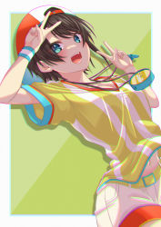 Rule 34 | 1girl, :d, absurdres, backwards hat, baseball cap, belt, belt buckle, blouse, blue eyes, breasts, brown hair, buckle, chromatic aberration, commentary, double v, dutch angle, from below, green background, hat, highres, hololive, jersey, looking at viewer, looking down, medium breasts, midriff peek, navel, oozora subaru, oozora subaru (1st costume), open mouth, outside border, red hat, salute, shirt, short hair, shorts, slope (check238), smile, solo, stopwatch, stopwatch around neck, striped clothes, striped shirt, v, vertical-striped clothes, vertical-striped shirt, virtual youtuber, watch, whistle, whistle around neck, white hat, white shirt, white shorts, yellow belt, yellow shirt