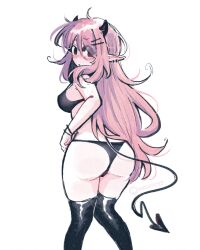 Rule 34 | 1girl, absurdres, artist name, ass, bikini, black bikini, black thighhighs, blush, bracelet, commentary, demon girl, demon tail, english commentary, from behind, highres, jewelry, june (megrocks), limited palette, long hair, looking at viewer, megrocks, original, pink hair, pointy ears, red eyes, simple background, solo, swimsuit, tail, thighhighs, white background