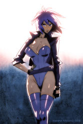 Rule 34 | 10s, 1girl, 2014, artist name, belt, breasts, cleavage, cyborg, fingerless gloves, ghost in the shell, ghost in the shell stand alone complex, gloves, jacket, kusanagi motoko, large breasts, leotard, nana (inanna-nakano), open clothes, open jacket, purple hair, red eyes, short hair, solo, thighhighs