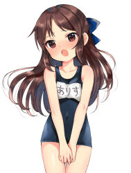 Rule 34 | 1girl, bare shoulders, black one-piece swimsuit, blue ribbon, blush, bow, breasts, brown eyes, brown hair, character name, collarbone, covered navel, cowboy shot, hair bow, hair ribbon, idolmaster, idolmaster cinderella girls, idolmaster cinderella girls starlight stage, idolmaster cinderella girls u149, long hair, looking at viewer, name tag, old school swimsuit, one-piece swimsuit, open mouth, ribbon, school swimsuit, shima(kanidess), shy, simple background, small breasts, solo, swimsuit, tachibana arisu, v arms, white background