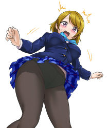Rule 34 | 10s, 1girl, ^^^, black pantyhose, blazer, blue skirt, blush, bow, bow panties, breasts, brown hair, crotch seam, embarrassed, from below, highres, jacket, koizumi hanayo, love live!, love live! school idol project, open mouth, panties, panties under pantyhose, pantyhose, plaid, plaid skirt, purple eyes, school uniform, short hair, simple background, skirt, solo, underwear, wanao, white background