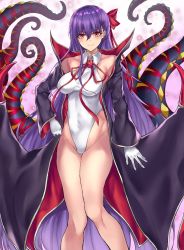 Rule 34 | 1girl, bare shoulders, bat wings, bb (fate), bb (fate) (all), bb (swimsuit mooncancer) (fate), bb (swimsuit mooncancer) (third ascension) (fate), black coat, blush, breasts, coat, collarbone, covered navel, fate/grand order, fate (series), gloves, hair between eyes, hair ribbon, highleg, highleg leotard, large breasts, leotard, long hair, long sleeves, looking at viewer, neck ribbon, open clothes, open coat, purple hair, red ribbon, ribbon, sawayuzu, smile, solo, tentacles, thighs, very long hair, white gloves, white leotard, wings