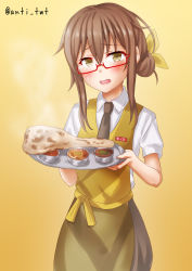 Rule 34 | alternate costume, anti (untea9), apron, boned meat, food, gradient background, ham, highres, kantai collection, meat, mochizuki (kancolle), smile, yellow background