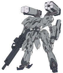 Rule 34 | armored core, blue eyes, clenched hand, full body, gun, highres, holding, holding gun, holding weapon, mecha, missile pod, mituo sakinori, no humans, robot, science fiction, weapon, white background