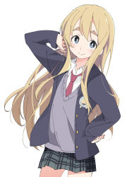 Rule 34 | 1girl, blonde hair, blue eyes, blush, cardigan, closed mouth, cowboy shot, eyebrows, grey skirt, hand on own hip, ixy, k-on!, kotobuki tsumugi, long hair, long sleeves, looking at viewer, necktie, plaid, plaid skirt, red necktie, school uniform, simple background, skirt, smile, solo, thick eyebrows, white background