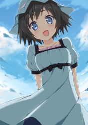 Rule 34 | 1girl, :d, arms behind back, black hair, blue eyes, blue sky, blush, cloud, day, dress, hat, highres, kantoku (style), looking at viewer, open mouth, shiina mayuri, short hair, sky, sky-freedom, smile, solo, steins;gate